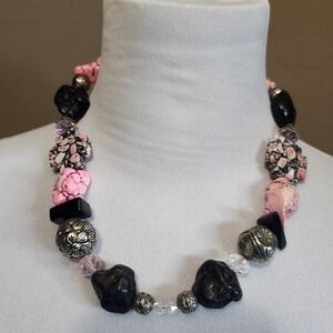 Pink Black Stone Beaded Necklace Costume Statement‎ Jewelry